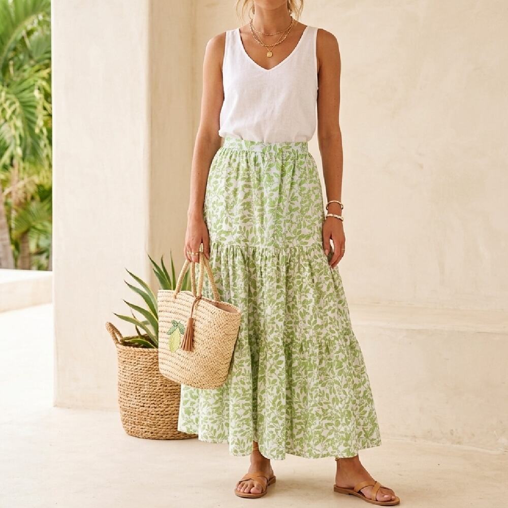 Coco Shop Limes Tiered Maxi Skirt Medium Green Fruit Print Cotton Resort $360